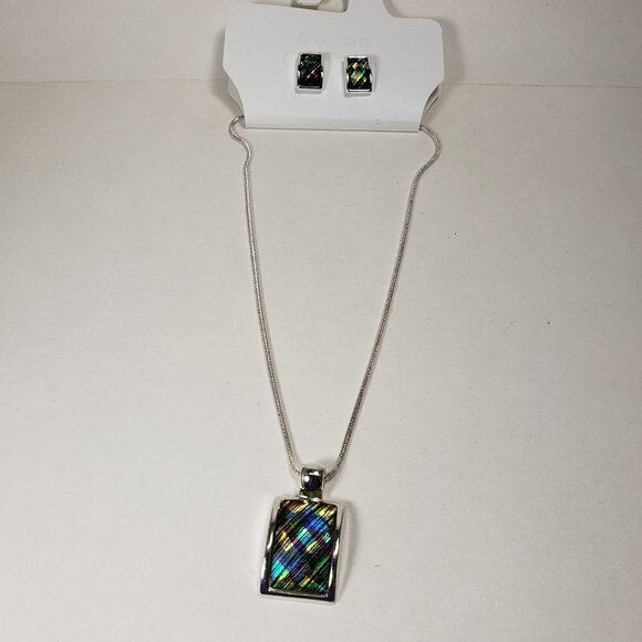 Silver tone Multicolor Rectangular Pendant Necklace with Matching Earrings - Picture 4 of 10